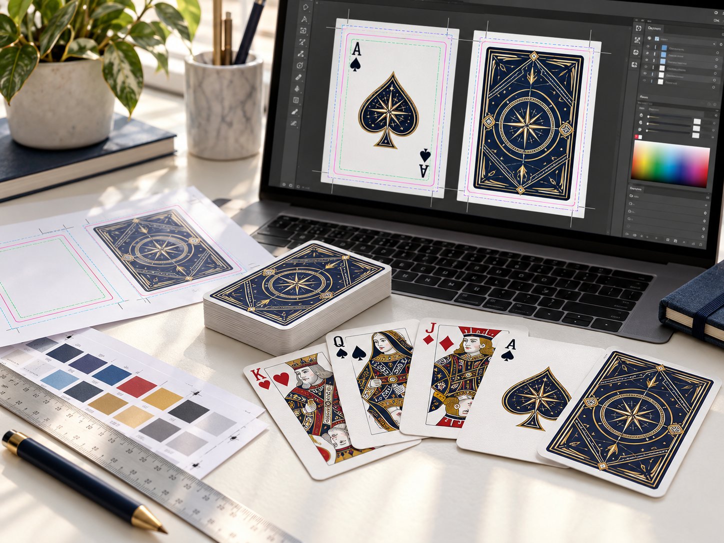Playing card template open in design software showing bleed, trim and safe zone guides on a custom ace of spades and card back, with a printed template sheet, color swatches and a finished custom deck on the desk